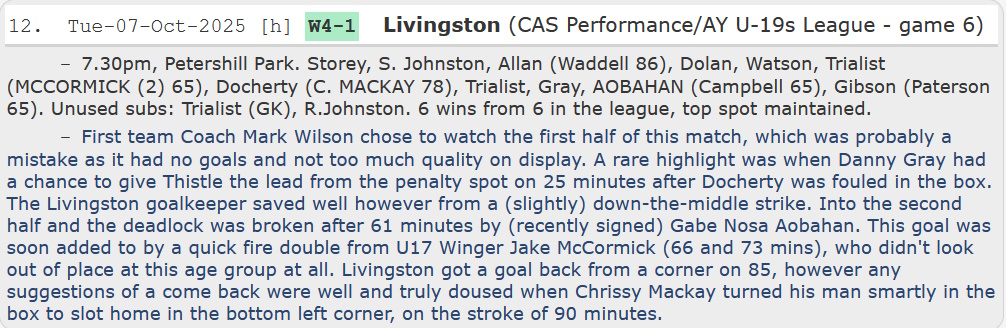 Well done the U19s tonight, keeping the great run going. Newly signed GABE AOBAHAN onto the goals chart, young JAKE MCCORMICK flying and last season's top scorer CHRISSY MACKAY back from injury and opening his 25-26 account. 💯 #COYJ 🇧🇪

👉 thethistlearchive.net/2025-26-youth