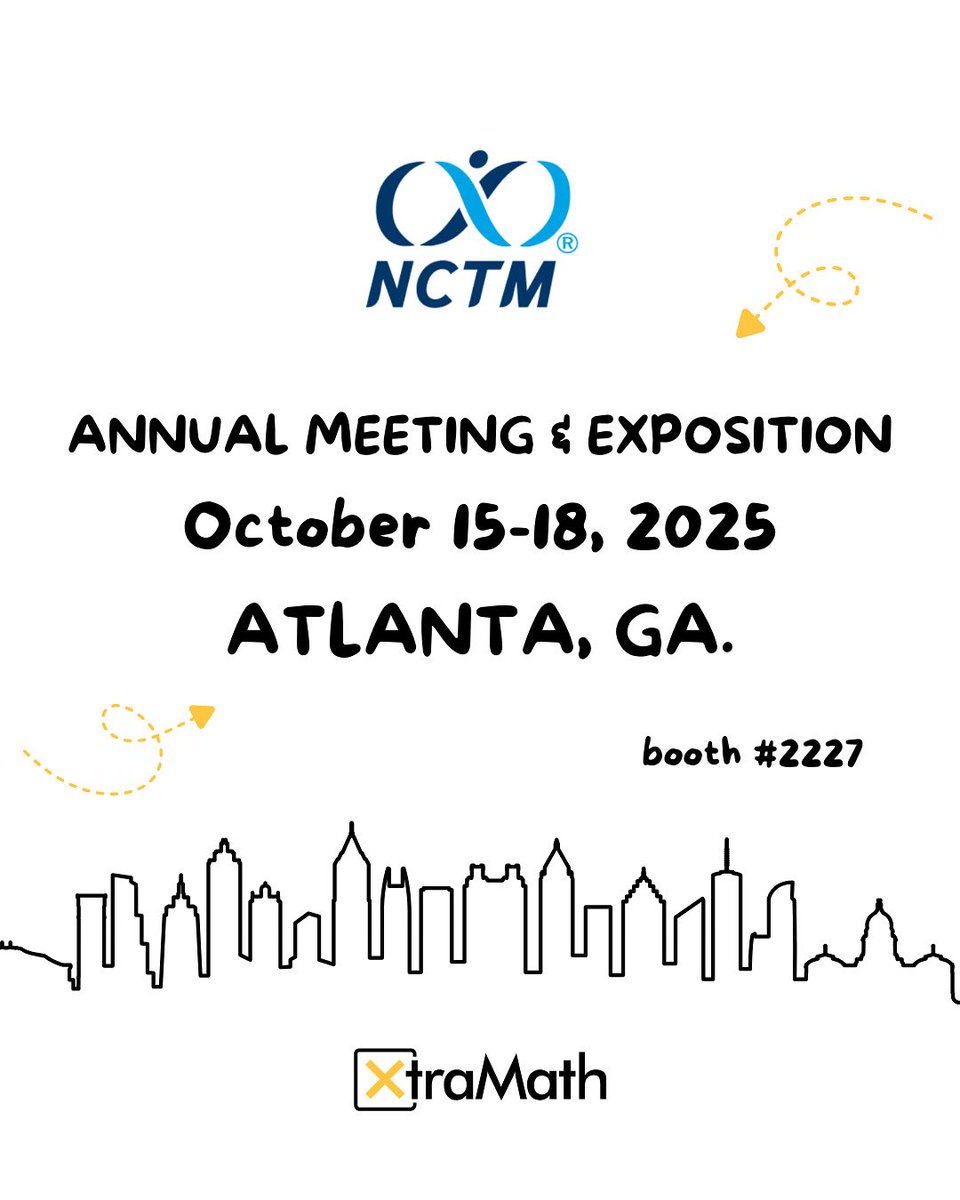XtraMath_US's tweet image. 🎉 We’re heading to Atlanta for the NCTM Annual Meeting & Exposition (Oct 15–18, 2025)!
Come visit our booth #2227 and spin our prize wheel for a chance to win shirts, earrings, posters, and more! 🌀💛
.
.
.
.
#NCTM2025 #MathEducation #XtraMath #mathconference #edtech