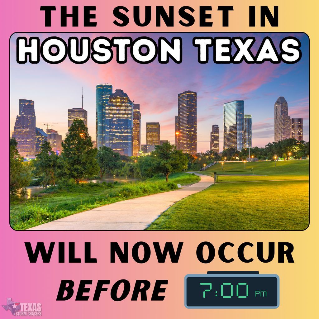 Good evening Houston! Your sunset will be BEFORE 7 PM tonight! It won't be until March 8th that the next sunset is after 7 PM. #houston #texas