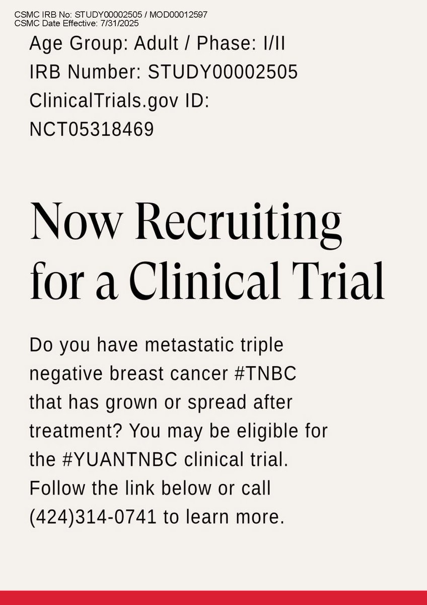 CSCancerCenter's tweet image. Do you have metastatic triple negative breast cancer #TNBC that has grown or spread after treatment? You may be eligible for the #YUANTNBC clinical trial. Follow the link below or call (414)-314-0471 to learn more.
clinicaltrials.cedars-sinai.edu/view/IIT2022-0…