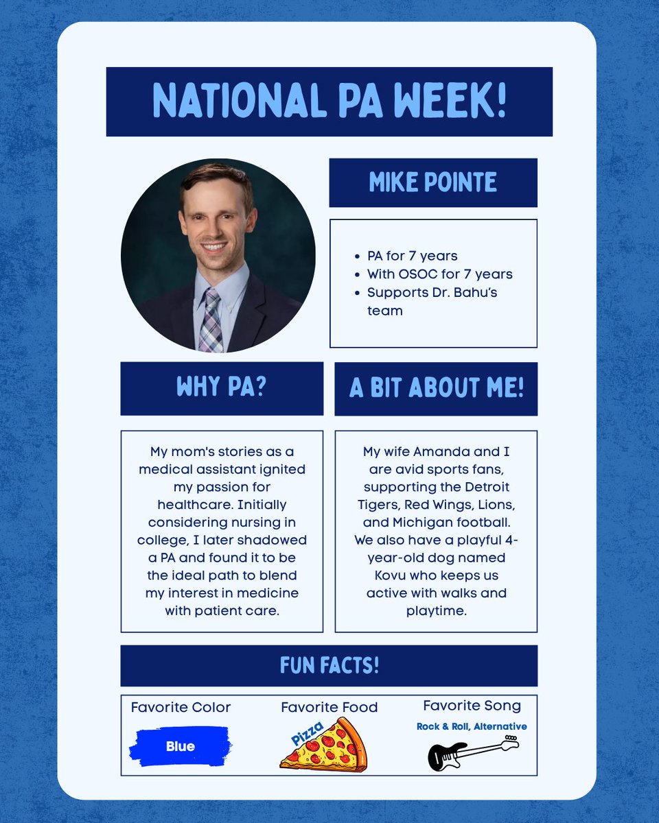 🎉Happy National PA Week!🎉
For 7 years, Michael Pointe has been providing outstanding care to patients at OSOC. Inspired by his mother’s work in healthcare, Michael brings compassion, skill, and dedication to Dr. Bahu’s team every day. We are proud to celebrate him this PA Week.