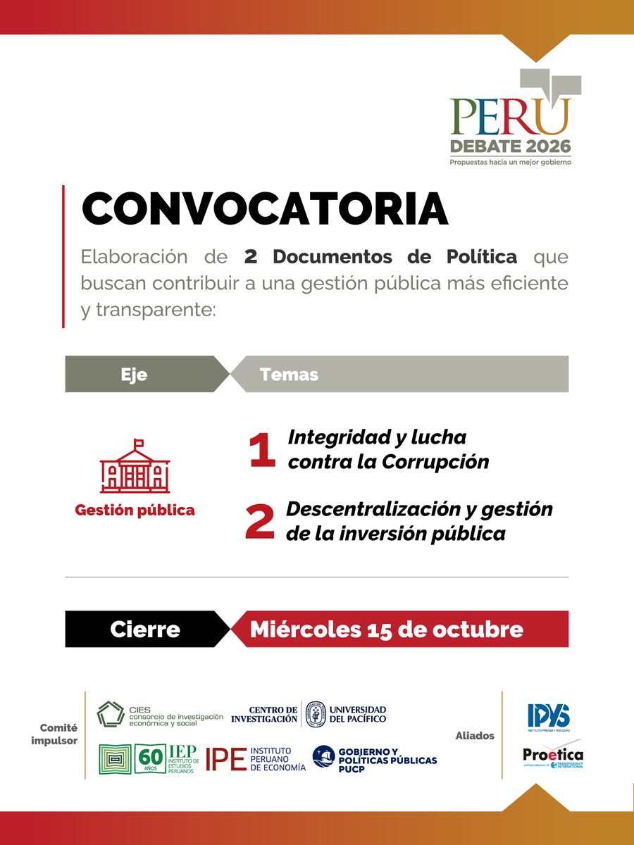 #PerúDebate2026 | El Consorcio de Investigación Económica y Social (CIES), junto con sus aliados estratégicos, lanza la convocatoria para la elaboración de dos documentos de política en el eje de Gestión Pública.

🧩 Los temas son “Descentralización y gestión de la inversión