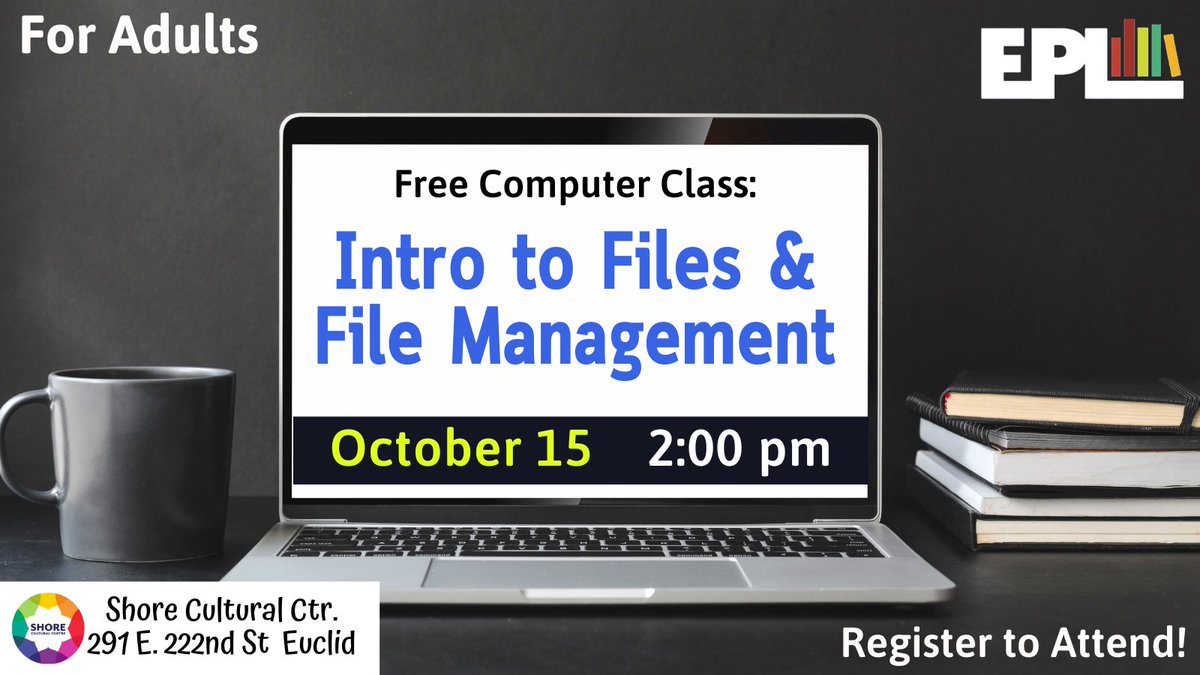 EuclidLibrary's tweet image. We have FREE #computerclasses!
On October 15 at 2:00 pm, learn all about Internet files and file management at the Shore Cultural Centre, 291 East 222nd., in room 41. For adult beginners. Register online: euclidlibrary.libcal.com/event/14817912
#OurEuclid