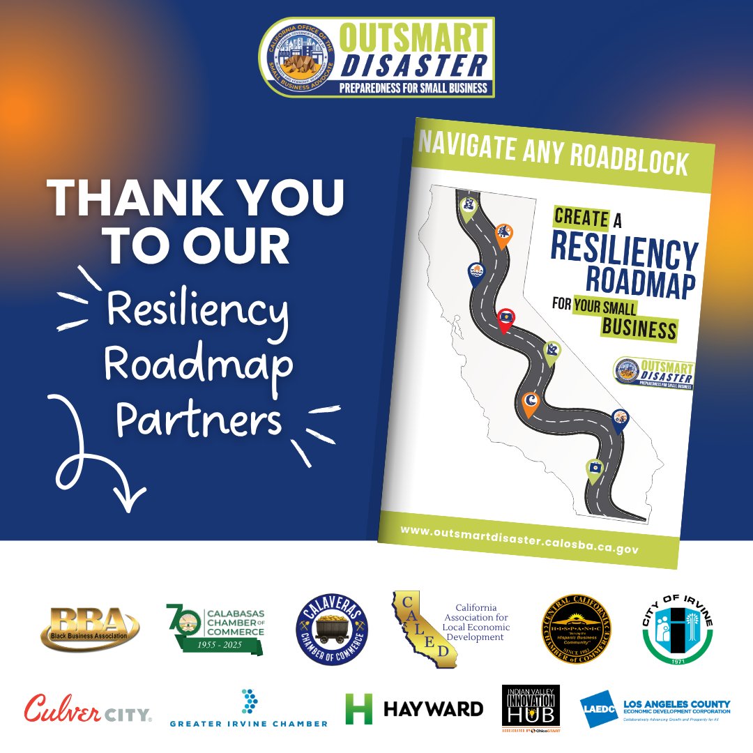 CA Office of the Small Business Advocate (CalOSBA) (@californiaosba) on Twitter photo A big THANK YOU to our partners who’ve downloaded and shared the <a href="/OutsmrtDisaster/">Outsmart Disaster</a> Resiliency Roadmap booklet! 🙌💼
Haven’t grabbed yours yet? There’s still time to plan, prepare, and #OutsmartDisaster.
📥 Download now: bit.ly/4m592sJ
#BusinessResilience #CAForSmallBiz A big THANK YOU to our partners who’ve downloaded and shared the <a href="/OutsmrtDisaster/">Outsmart Disaster</a> Resiliency Roadmap booklet! 🙌💼
Haven’t grabbed yours yet? There’s still time to plan, prepare, and #OutsmartDisaster.
📥 Download now: bit.ly/4m592sJ
#BusinessResilience #CAForSmallBiz