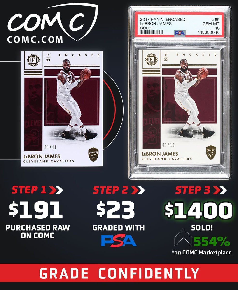 👀 This 2017-18 Panini Encased Gold of LeBron James #'d 01/10 was bought raw on the COMC Marketplace, sent to PSA, returned a <a href="/PSAcard/">PSAcard</a> 10 and then sold for a 554% increase! 💸🏀 📈 

Start grading with PSA on COMC today! buff.ly/oQsQIwp