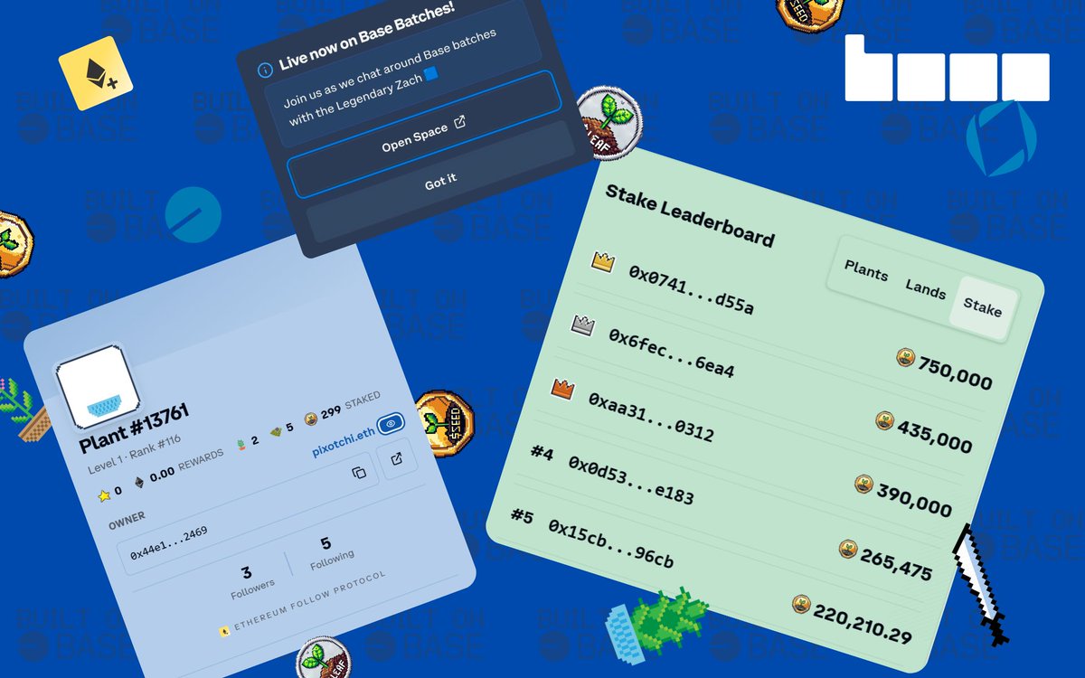 🌱 Pixotchi v1.2 Update 🌱

This week's update is packed with requested features, <a href="/efp/">Ethereum Follow Protocol | efp.eth</a> integration and more!

Changelog:

🟩 Profile card with <a href="/efp/">Ethereum Follow Protocol | efp.eth</a> integration
You can now tap on any plant image in the Leaderboard to view its owner’s in-game stats, ENS info, socials graph, and