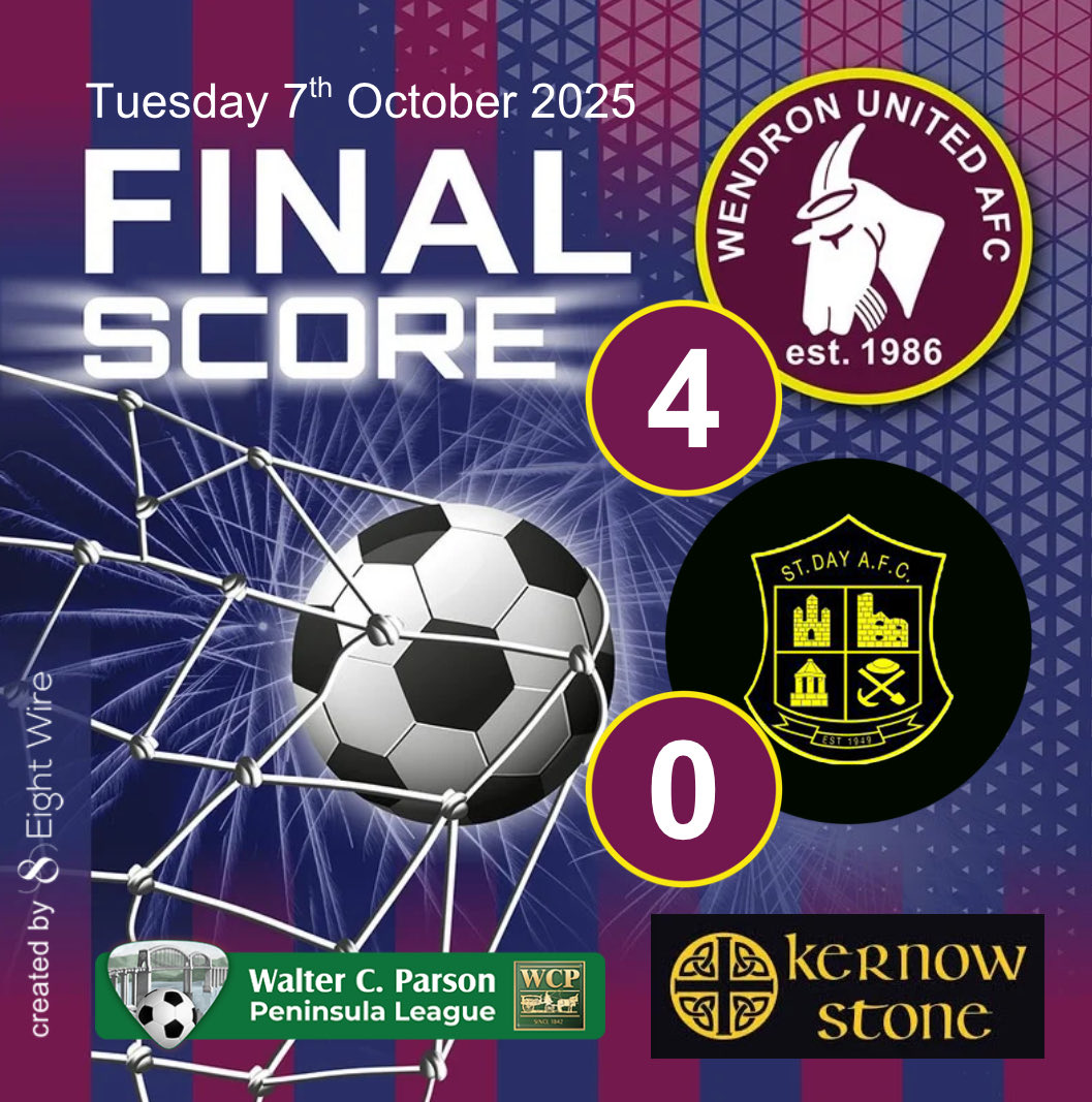𝗥𝗲𝘀𝘂𝗹𝘁
The Dron run out 4-0 winners at <a href="/STDAYAFC1/">St Day AFC</a> in the <a href="/swpleague/">WALTER C. PARSON PENINSULA LEAGUE</a> 

Thanks to those who came to support the side tonight and to St Day who were exceptional hosts nice more. 

<a href="/Cornishfootball/">Dave Deacon</a> 
<a href="/swsportsnews/">South West Sports News</a> 
<a href="/NonLeagueHQ1/">NonLeagueHQ</a> 
<a href="/NonLeaguePaper/">The Non-League Paper</a>