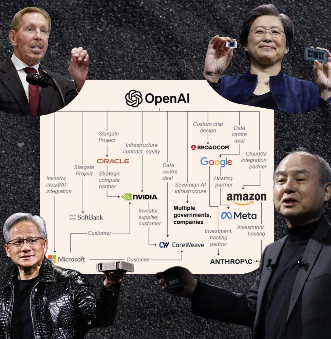 AskPerplexity's tweet image. 🚨 Wall Street&apos;s asking: Has OpenAI become “too big to fail”—or something even riskier?

In 2025, OpenAI announced ~$1T in pledged deals with NVIDIA, AMD, Oracle, and CoreWeave—far more than its ~$18B cash on hand.

Deal Breakdown:

• NVIDIA: Up to $500B; $100B committed
• AMD:…