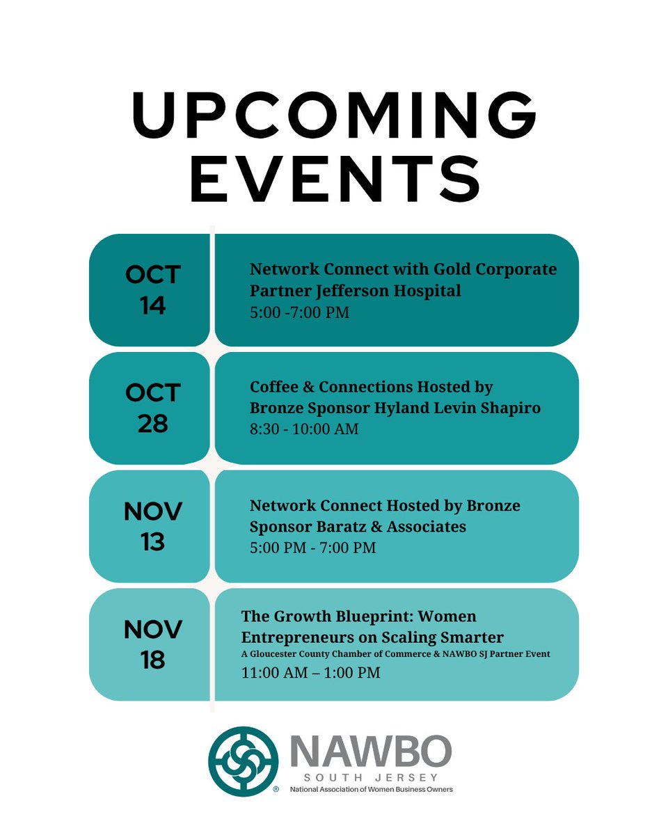 Upcoming @NAWBOSouthJersey: 10/14 Network Connect, 10/28 Coffee &amp; Connections, 11/13 Network Connect, 11/18 Growth Blueprint. 
Info: nawbosouthjersey.org/events

#NAWBOSouthJersey #WomenInBusiness #Networking #CoffeeAndConnections #SouthJerseyBusiness #SaveTheDate