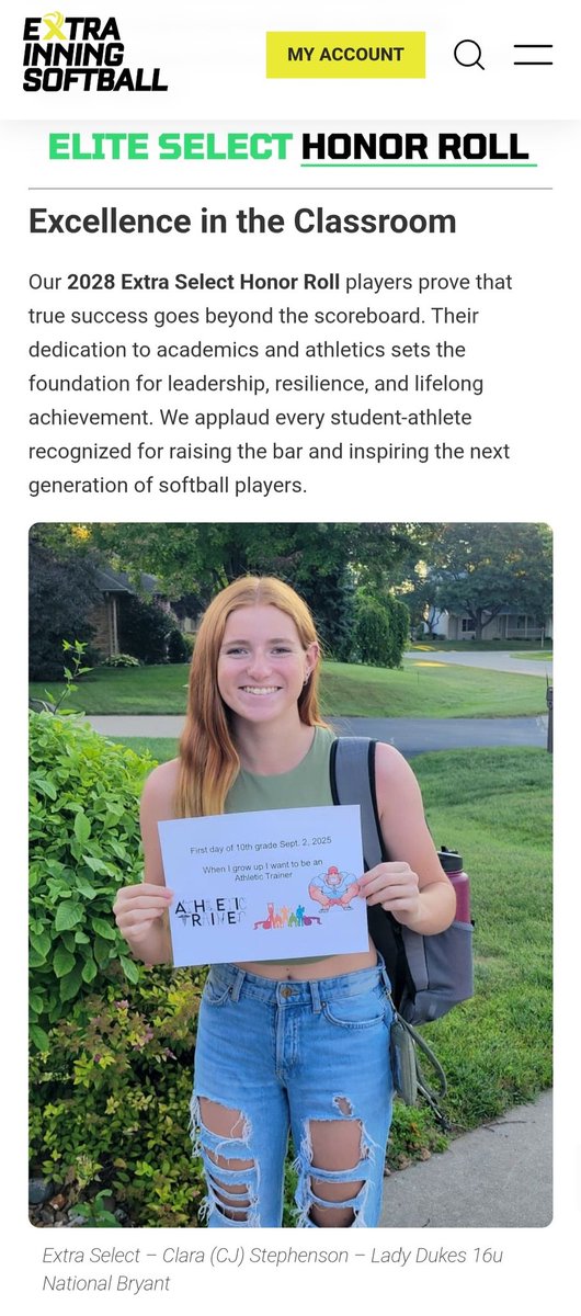 CJ (Clara) Stephenson (@cjstephenson19) on Twitter photo The grind doesn’t stop when the cleats come off.
Appreciate <a href="/ExtraInningSB/">EXTRA INNING SOFTBALL</a> for the honor roll recognition and article feature! Proud to put in the work in the classroom and on the field - that’s what being a true student-athlete is all about. 💪🥎 #BlueMagic 
<a href="/PGFnetwork/">PGF</a> The grind doesn’t stop when the cleats come off.
Appreciate <a href="/ExtraInningSB/">EXTRA INNING SOFTBALL</a> for the honor roll recognition and article feature! Proud to put in the work in the classroom and on the field - that’s what being a true student-athlete is all about. 💪🥎 #BlueMagic 
<a href="/PGFnetwork/">PGF</a>