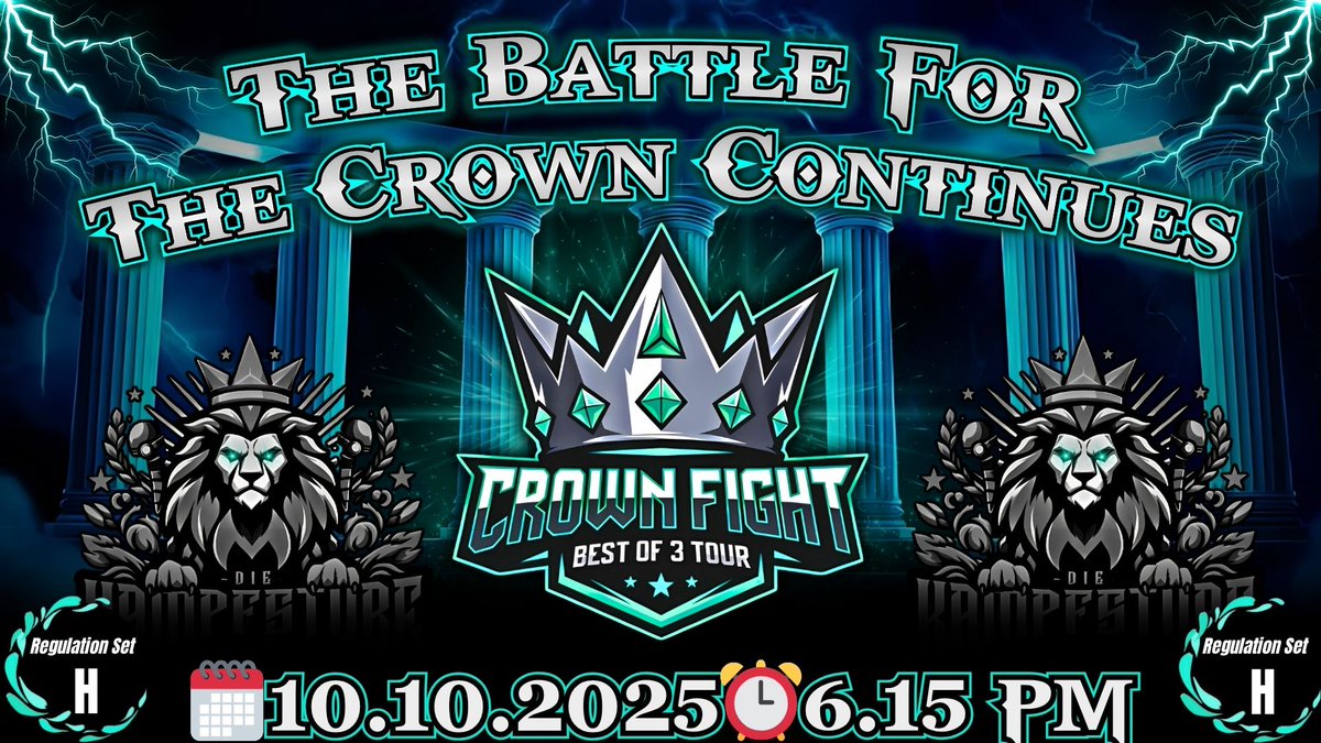 The 43th battle for the crown begins 👑 
👑Reg.H | Crown Fight Bo3 Tour🏆
⚖️Best of 3 | Open Team Sheet
🗓️10.10.2025 | 6:15 PM (CET) 
♻️Reposts are very appreciated 
🔢Min. 5 Swiss ➡️ min. Top 8 Cut 
🔗Register: play.limitlesstcg.com/tournament/68e…
#PlayPokemon #pokemon #vgc
