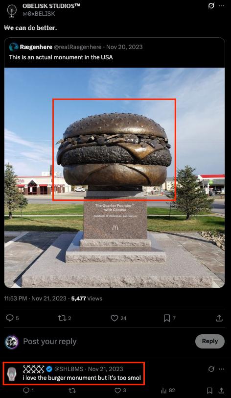 7_nova_7's tweet photo. I noticed that @beeple often depicts a cheeseburger in his images. At the same time, on the @0xBELISK account, I found a post with an image of a cheeseburger obelisk and a comment from @SHL0MS “I love the burger monument but it's too small". Maybe a hint, maybe #nothing. https://t.co/t61NXREE9O