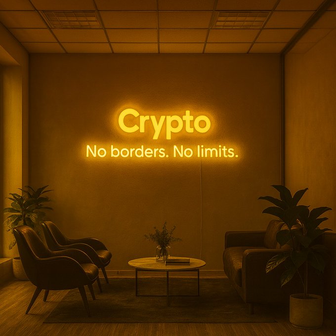 A warmly lit modern lounge room with brown walls and ceiling panels. A prominent yellow neon sign on the wall reads Crypto in large letters below which is the text No borders. No limits. in smaller font. Two black leather armchairs face each other across a small round wooden table holding a book and a vase of flowers. Potted green plants are placed on the floor beside the chairs and in the corner. The floor is light wooden.
