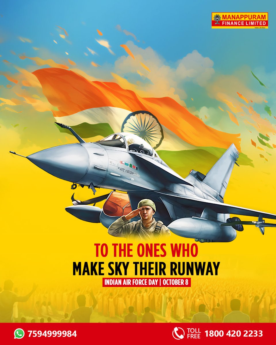 ManappuramMAFIL's tweet photo. This Air Force Day, we salute the courage and dedication of the men and women safeguarding our skies, inspiring a billion dreams to fly higher.

*T &amp; C Apply

#UnlockWithManappuram #GoldThatWorks #SmartUseOfGold #LowerInterestLoans #GoldForGoals #FinancialFreedom #SmartFinance https://t.co/od7h2K2q2b