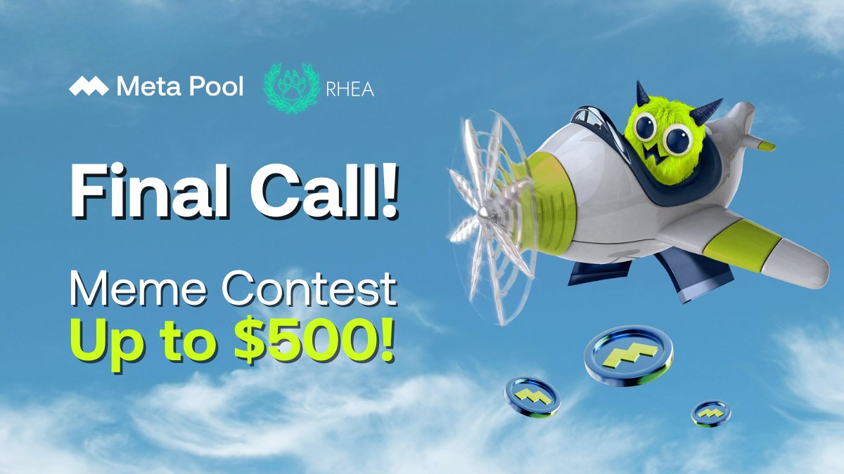 meta_pool's tweet image. ⏰ Final reminder!

The mpDAO x RHEA Meme Contest is wrapping up 👀

Submissions close October 8, 2 AM UTC.

🧠 $500 prize pool
🏆 Winners: October 14, 4 PM UTC