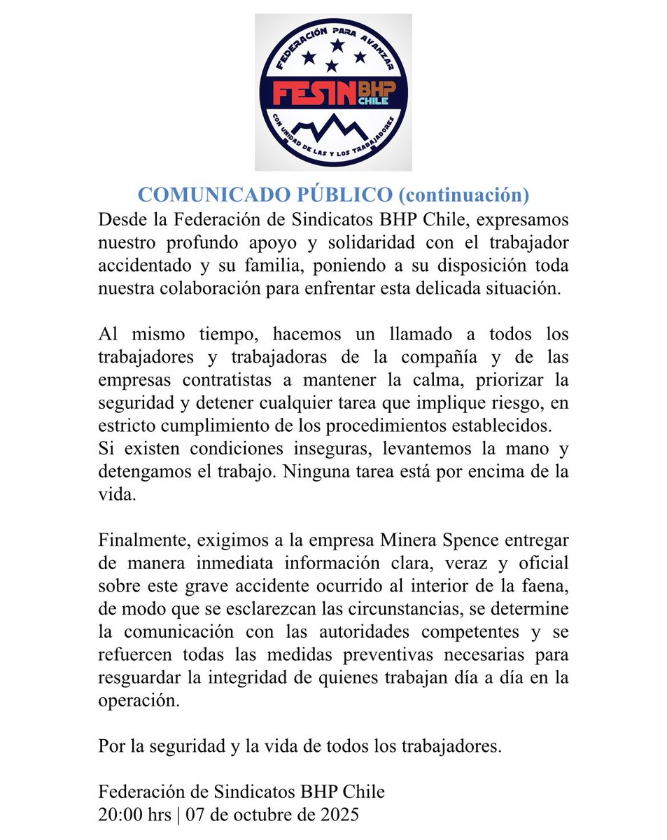 Grave accidente en minera Spence, del grupo BHP, declaración desde la Federación de Sindicatos de BHP Chile.