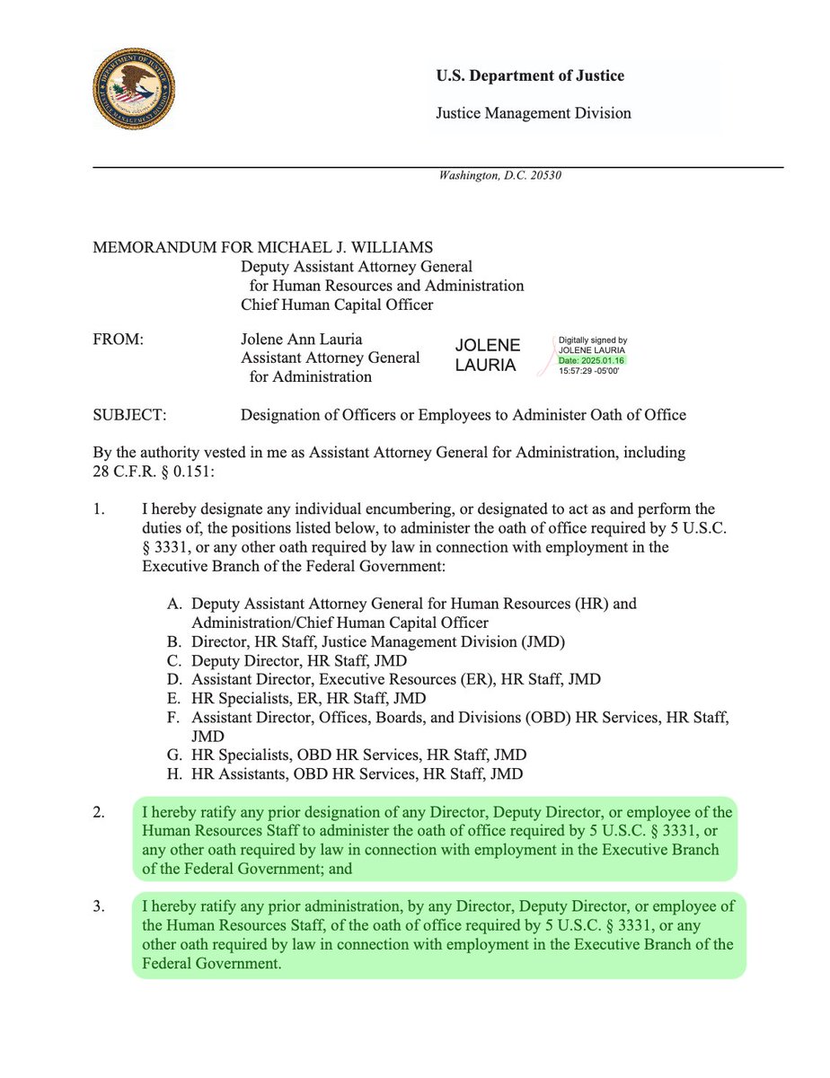 Jack Smith’s 2023 Standard Form 61

The signature field was blank on Jack Smith’s 2022 Standard Form 61. To this point, DOJ has not provided records identifying who administered Smith’s 2022 oath.

A 2023 Memorandum for the Record indicates that the Office of General Counsel