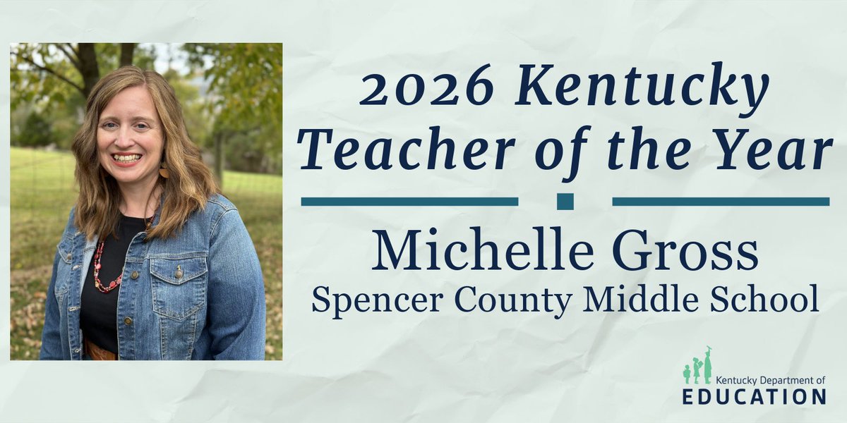 KyDeptofEd's tweet image. NEW 2026 KENTUCKY TEACHER OF THE YEAR!

Michelle Gross, a mathematics teacher at Spencer County Middle School, has been named the 2026 Kentucky Teacher of the Year! Congratulations!