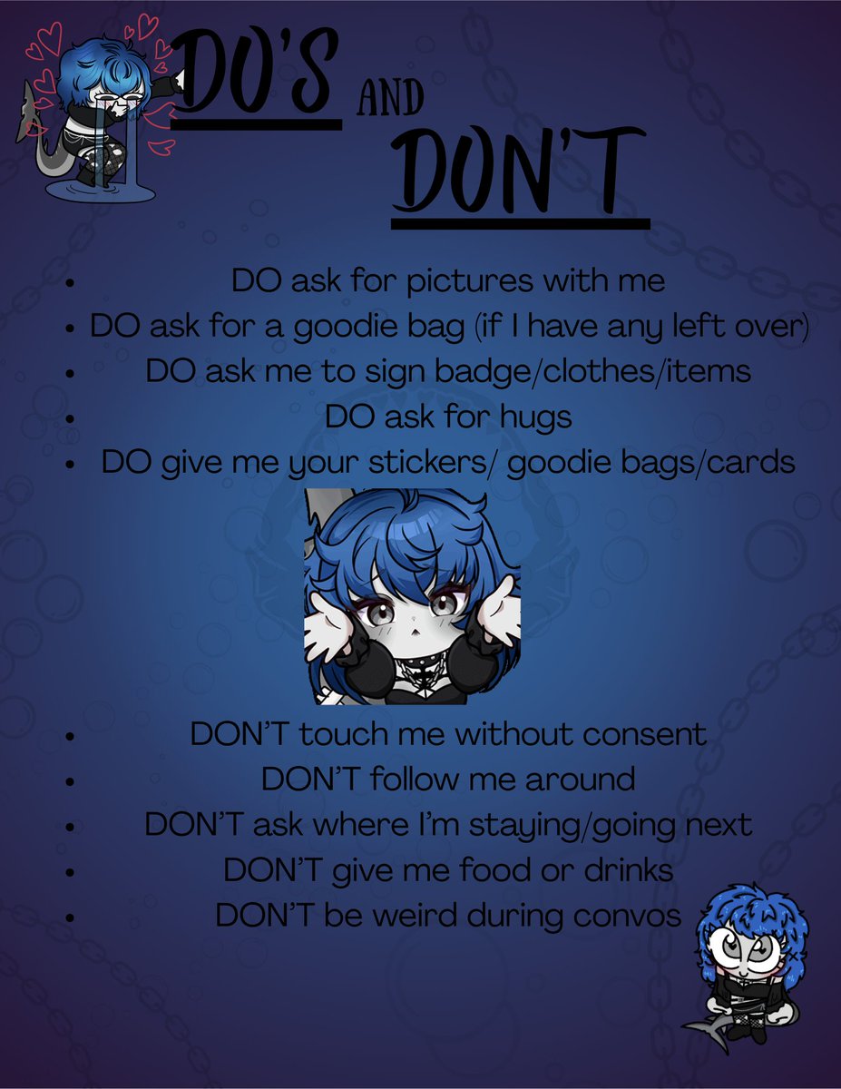 Twitchon is this weekend! These are my Dos and Don'ts for both in AND outside the con. 

Please respect these boundaries! And I can't wait to see you all soon! 🖤🦈