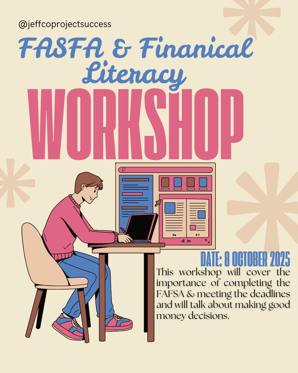 Pro_SUCCESS_JC's tweet photo. Join Us Tomorrow for our FASFA &amp; Financial Literacy Workshop
Date: October 8th, 2025
Time: 11:00AM - 12:00PM
Place: ASII 415 https://t.co/Dkb5nDSyRR