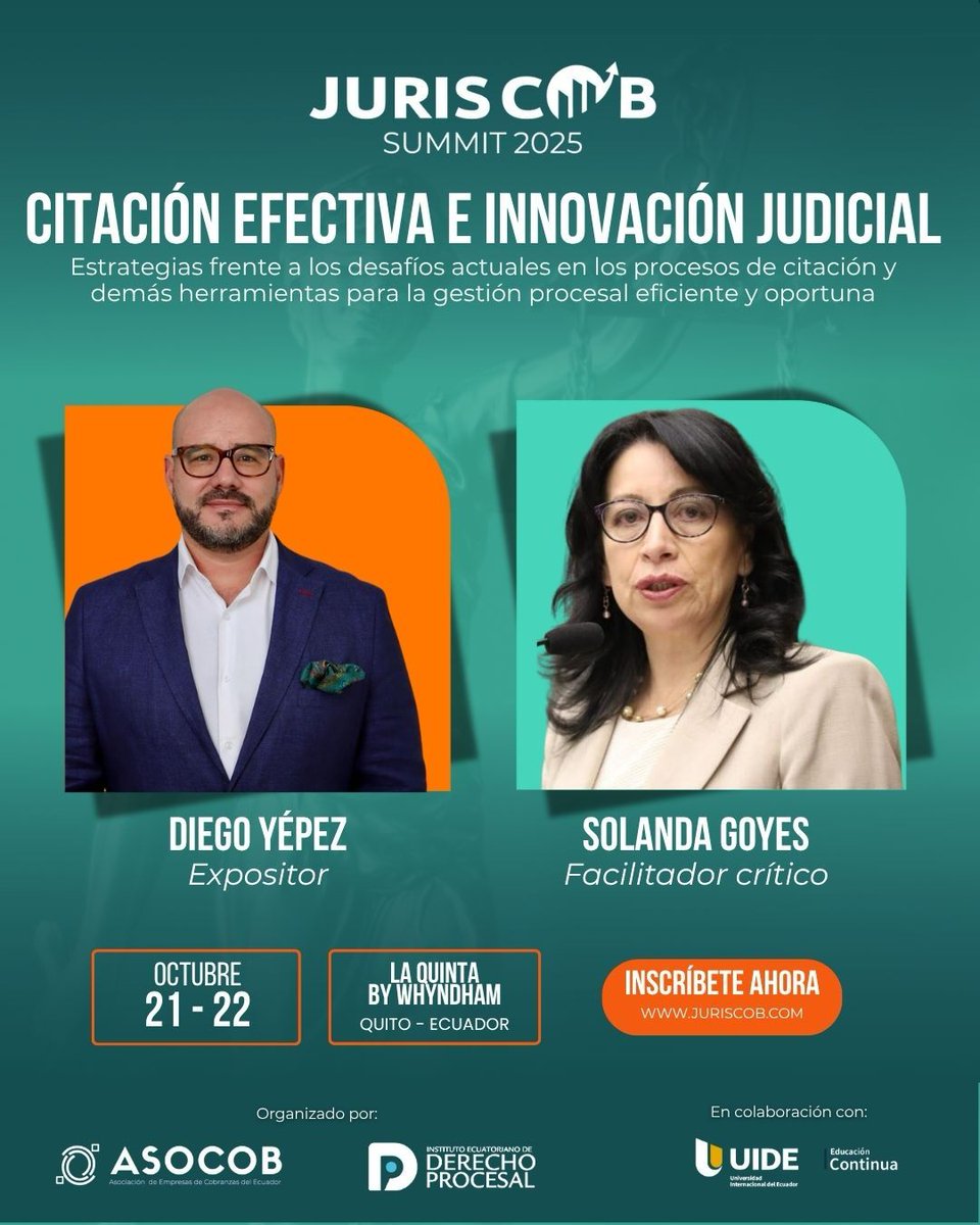 ¿Listo para la justicia en clave digital? Citación electrónica, casillero virtual y nuevas herramientas procesales con Diego Yépez y Solanda Goyes  21–22 Oct · La Quinta, Quito.
 🎟️ juriscob.com
 #JURISCOB2025