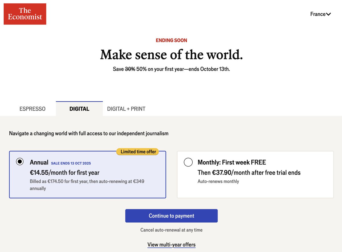 Dominik Peters (@dominikpeters) on Twitter photo Weird how <a href="/TheEconomist/">The Economist</a> is selling its subscriptions at $249/year in the US but at $406/year in Europe (+63%). Weird how <a href="/TheEconomist/">The Economist</a> is selling its subscriptions at $249/year in the US but at $406/year in Europe (+63%).
