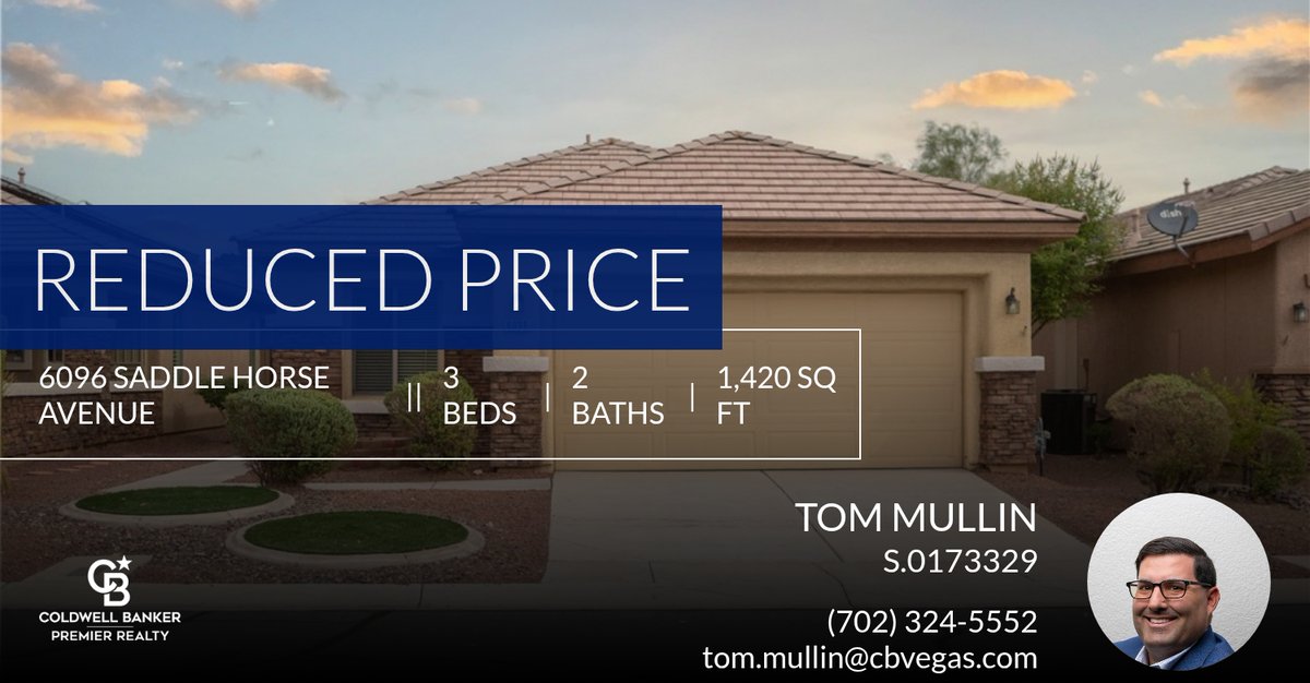 TomGMullin's tweet photo. 📍 Reduced Price 📍 This recently reduced home at 6096 Saddle Horse Avenue in Las Vegas won't last long, so, don't wait to set up a showing! Reach out here or at (702) 324-5552 for more information! https://t.co/Ap1TFjWLfu https://t.co/fHxTjZ2Ykx