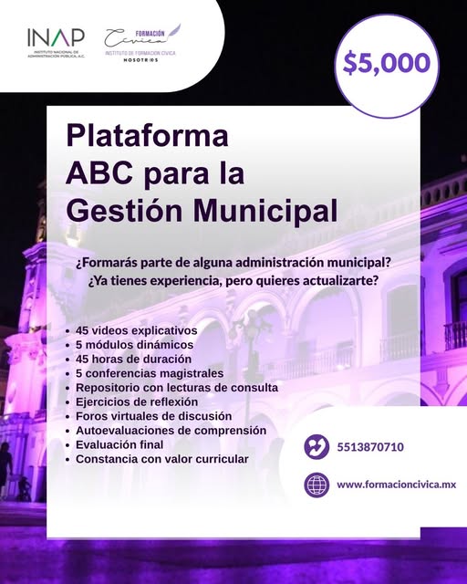 ¿Te integras a un municipio o quieres actualizarte?
Plataforma ABC para la gestión municipal: estudia a tu ritmo y enfócate en lo que necesitas.
5 módulos, 45 h, videos, foros. 
Inversión: $5,000 MXN.
➡️ formacioncivica.mx | 5513870710
#GestiónMunicipal #Curso