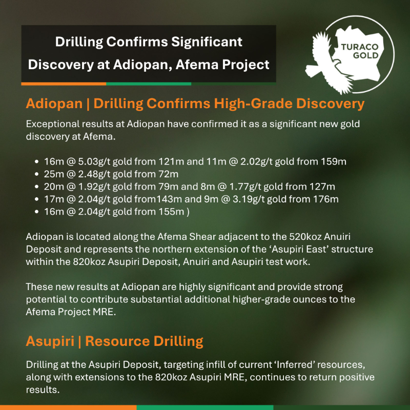 TuracoGold's tweet photo. 🚨 Significant gold discovery confirmed at Adiopan, Afema Project 🇨🇮
✨ 16m @ 5.0g/t | 25m @ 2.5g/t | 20m @ 1.9g/t Au
“Adiopan has potential to be another substantial deposit along the Afema shear.”
🚀 MRE growth + PFS milestones coming - big months ahead 
#ASX #Gold #Exploration