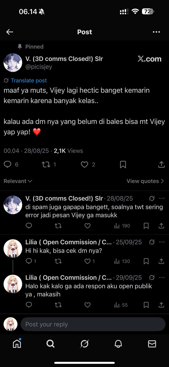 Order dari 13 Agustus 2025

udah bayar Rp3.425.000 buat 3D model.
Katanya 1–3 minggu selesai, tapi sampai sekarang nggak ada kabar, nggak bales chat.

<a href="/picisjey/">V. (3D comms Closed!) Slr</a>

Kalau ada yang pernah order juga / kenal, tolong bantu kabarin 🙏
#artscam #komisiart #3dmodelart #penipuan #scamalert