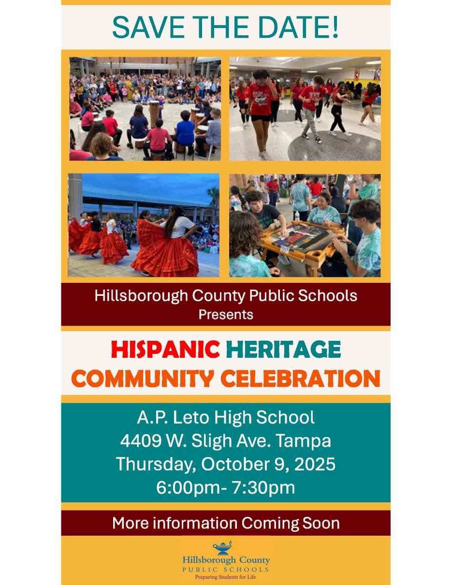 Join us this Thursday from 6:00 pm to 7:30 pm at Leto High School for the Hispanic Heritage Community Celebration! 🎉 
This special event honors and celebrates our Hispanic community with incredible student performances, delicious food, and resources from various community