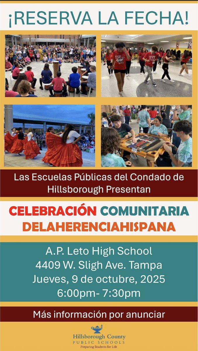 ¡Únase a nosotros este jueves en <a href="/APLetoHigh/">Leto High School</a> para la Celebración de la Comunidad de Herencia Hispana! 🎉 
Este evento especial honra y celebra a nuestra comunidad hispana con increíbles actuaciones estudiantiles, deliciosa comida y recursos de varios socios comunitarios.