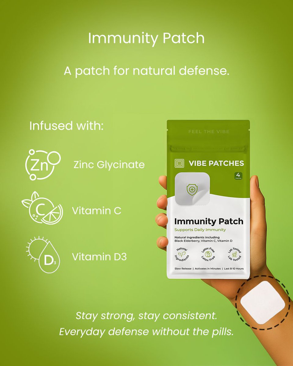 VibePatches's tweet image. 🛡️ Strengthen your defense, naturally.

The Immunity Patch delivers Zinc, Elderberry, Vitamin C &amp;amp; D3 for 8–10 hrs of steady support. Vegan, lab-tested, made in the USA.

Peel. Stick. Guard your vibe. 🌿
#ImmunityPatch #VibePatches #WellnessPatch #Wellness #TopicalPatch