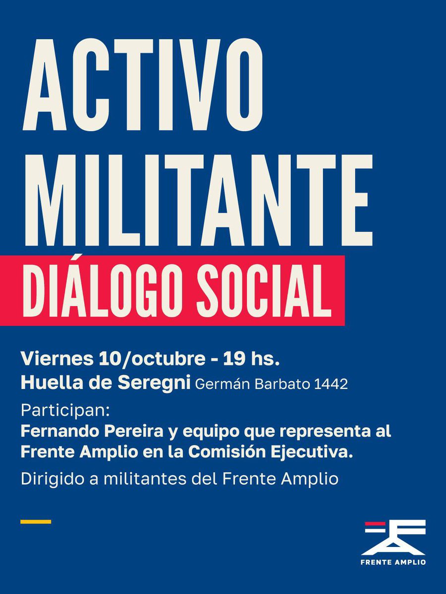 chdeFrente's tweet photo. 🔴🔵⚪️ Para nuestro @Frente_Amplio el Diálogo Social es un compromiso desde 2023 que hoy lleva adelante el gobierno. Es una forma de discutir y proponer, entre todos y todas, transformaciones a nuestra matriz de protección social. 

📆 Viernes 10/10
⏰ 19 h
📍 Huella de Seregni https://t.co/Sa4yQzpkTG