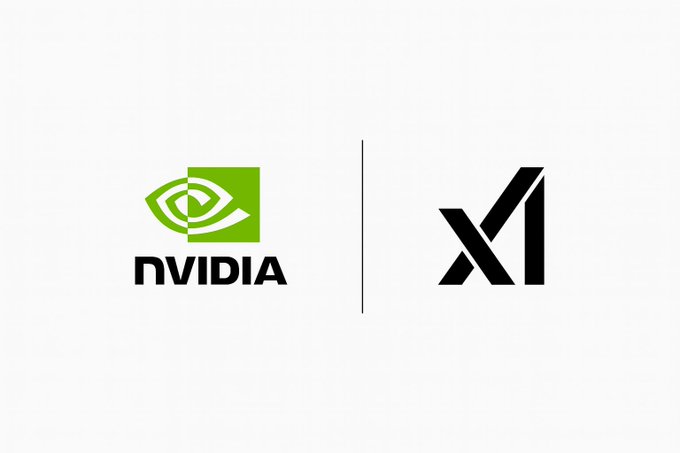 Green and black Nvidia logo on left side featuring eye icon in square and text Nvidia below it separated by vertical line from black xAI logo with x and AI text stylized in modern font on white background