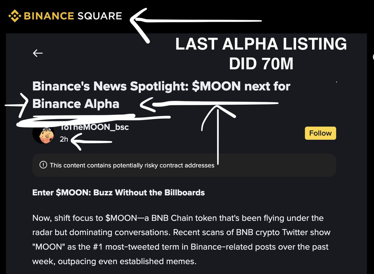 ItsPatrickPicks's tweet image. #1 WORD MENTIONED BY CZ BINANCE IS $MOON 

UPCOMING LISTING ON BINANCE ALPHA
binance.com/en/square/post…

ALREADY LISTED ON BINANCE WALLET 
web3.binance.com/en/token/bsc/0…

MISSION TO $MOON 0x172fd87b20e2943026b4fb76ff00a87a78a64444