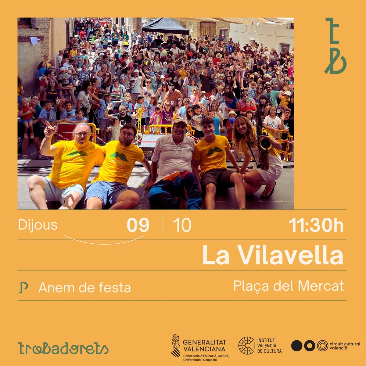 <a href="/TROBADORETS/">Trobadorets</a>
* 2/4 de 12h a La Vilavella/pl delMercat
* 2/4 de 7hV a Moncofa/c) Va Ramón

12h #TomàsdelosSantos a Pedreguer/Pista

<a href="/PauAlabajos/">Pau Alabajos</a>
* 2hV a VLC/espai Lalenta
* 7hV a Llutxent/lesPoasses 

5hV Xa! Teatre a Vilanova d'Alcolea/pl Arnau deVilanova