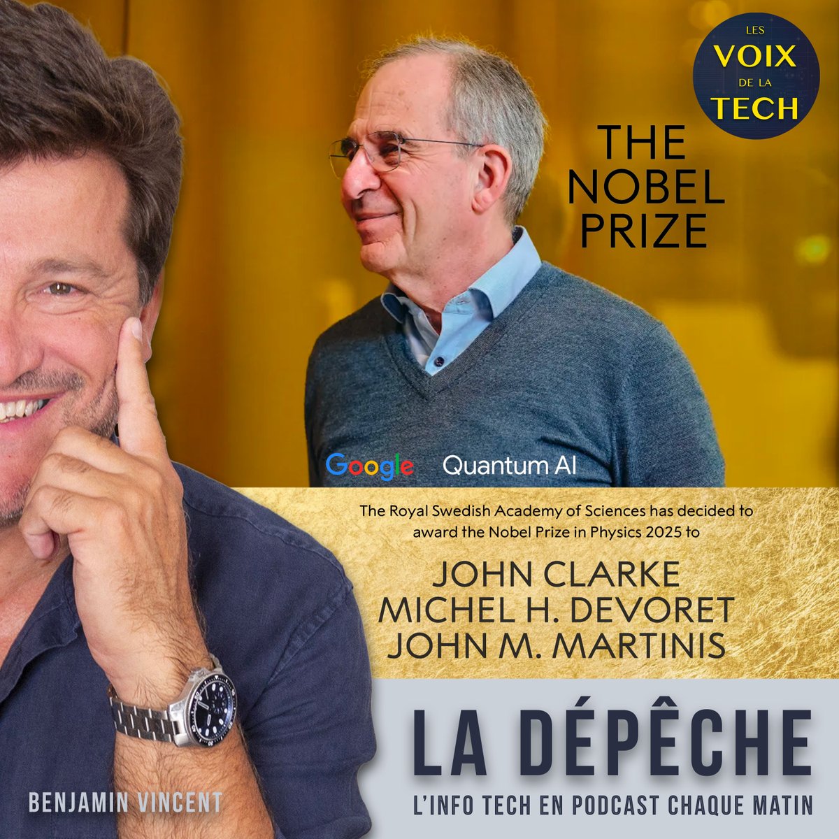 benjaminvincent's tweet image. Non, @Google n&apos;est pas lauréat du #PrixNobel de #physique 2025 ! Michel Devoret, en revanche, si... lui, le physicien français, directeur du #QuantumAI Lab de #Google pour la partie hardware. Cela fait-il, pour autant, trois Prix Nobel en deux ans pour le géant de Mountain View ?…