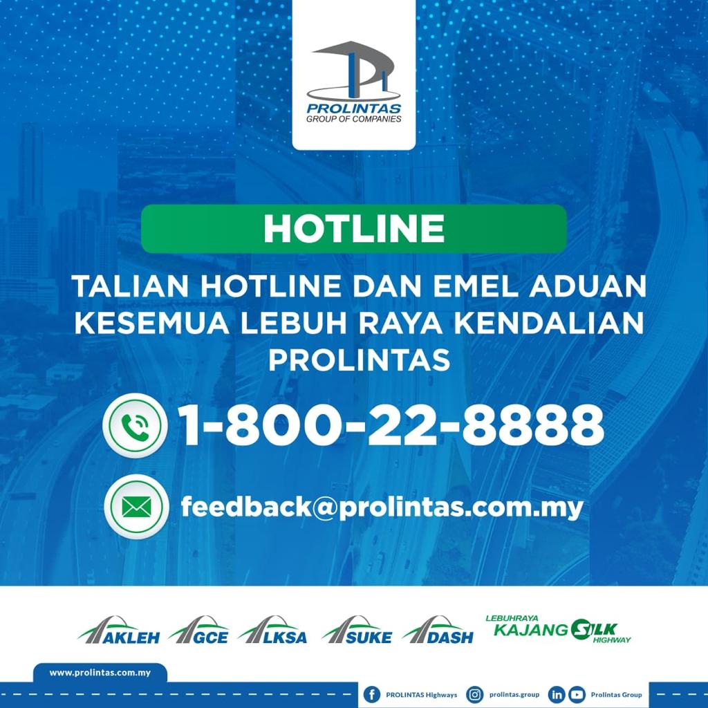 Talian hotline dan emel aduan bagi kesemua lebuh raya kendalian PROLINTAS diseragamkan. Sila hubungi talian hotline atau emel di atas jika perlukan bantuan atau ingin menyalurkan maklum balas. #InfoTrafikDASH #PesanPROLINTAS #PROLINTASAnnouncement
