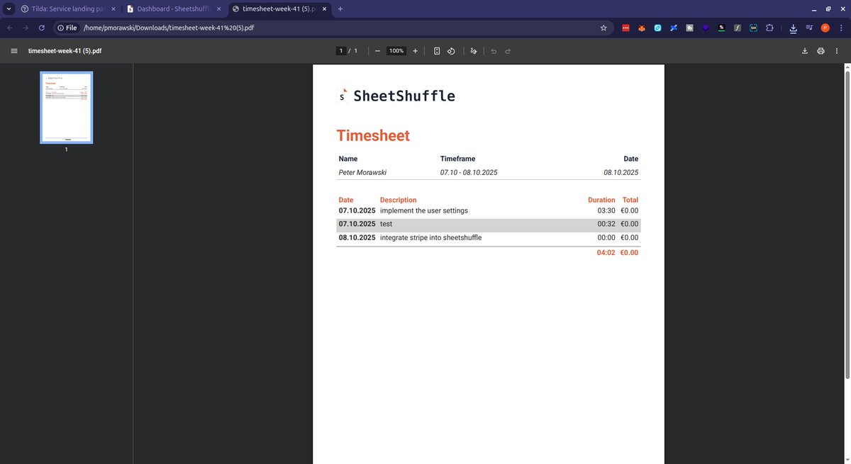 dev0x63's tweet image. Finished the PDF export today for SheetShuffle, a lightweight time-tracking app. What do you think? 

#BuildInPublic