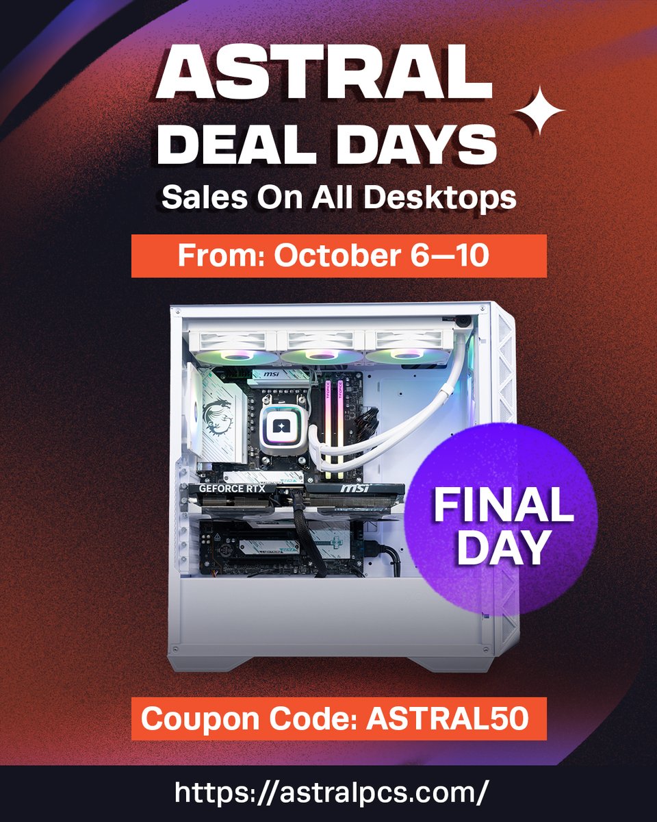 astralpcs's tweet image. Don’t miss out on Astral Deal Days – Big Computer Sales in Canada! 💻

Get incredible deals on gaming PCs and custom desktops before the sale ends tomorrow.

🔥 Shop now and save big: astralpcs.com

#GamingPC #CanadaSale #CustomPC #AstralComputers #PCDeals