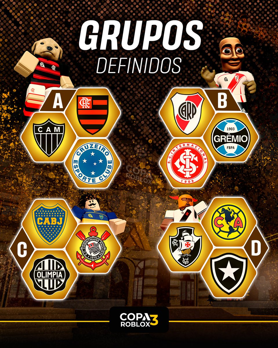 Copa_Roblox's tweet image. GRUPOS DEFINIDO! 🏆
Temos 4 grupos com 3 equipes cada!
Cada time jogará com os outros times do próprio grupo
Dois passam para as quartas e 1 de cada grupo é eliminado.
#CopaRoblox