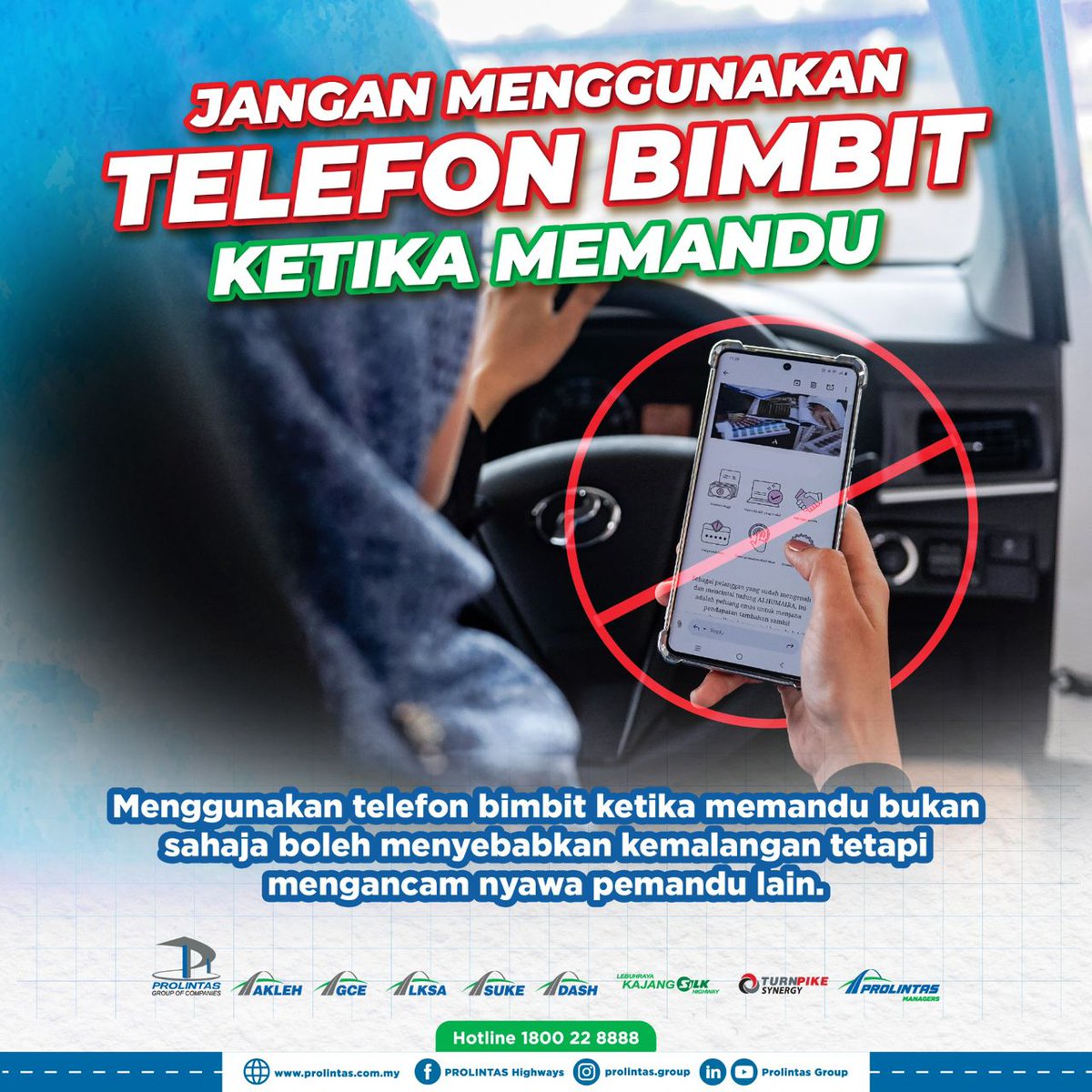 #PesanPROLINTAS | Jangan biarkan telefon mengalihkan perhatian anda ketika memandu, keselamatan perlu diutamakan. Kekal fokus pada pemanduan.   #PROLINTASHighways #PSA #PesanPROLINTAS #InfoTrafikDASH