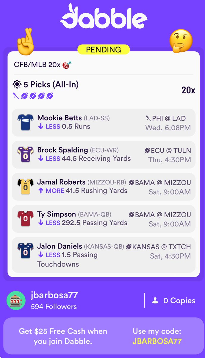 BosaBets777's tweet image. Dabble CFB/MLB 20x 🎯 
click.dabble.com/ugiS/t869uo3u
#Dabble #CFB #MLB #GamblingX