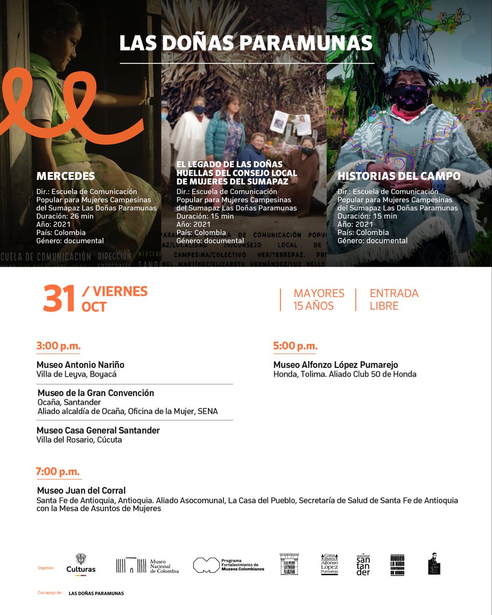 🎬 Las voces de ellas viven: cine de mujeres para mujeres
Durante octubre, seis museos de la Unidad Administrativa Especial del Museo Nacional de Colombia presentan documentales dirigidos y producidos por mujeres

🗓 Viernes de octubre | 🎟 Entrada libre y gratuita