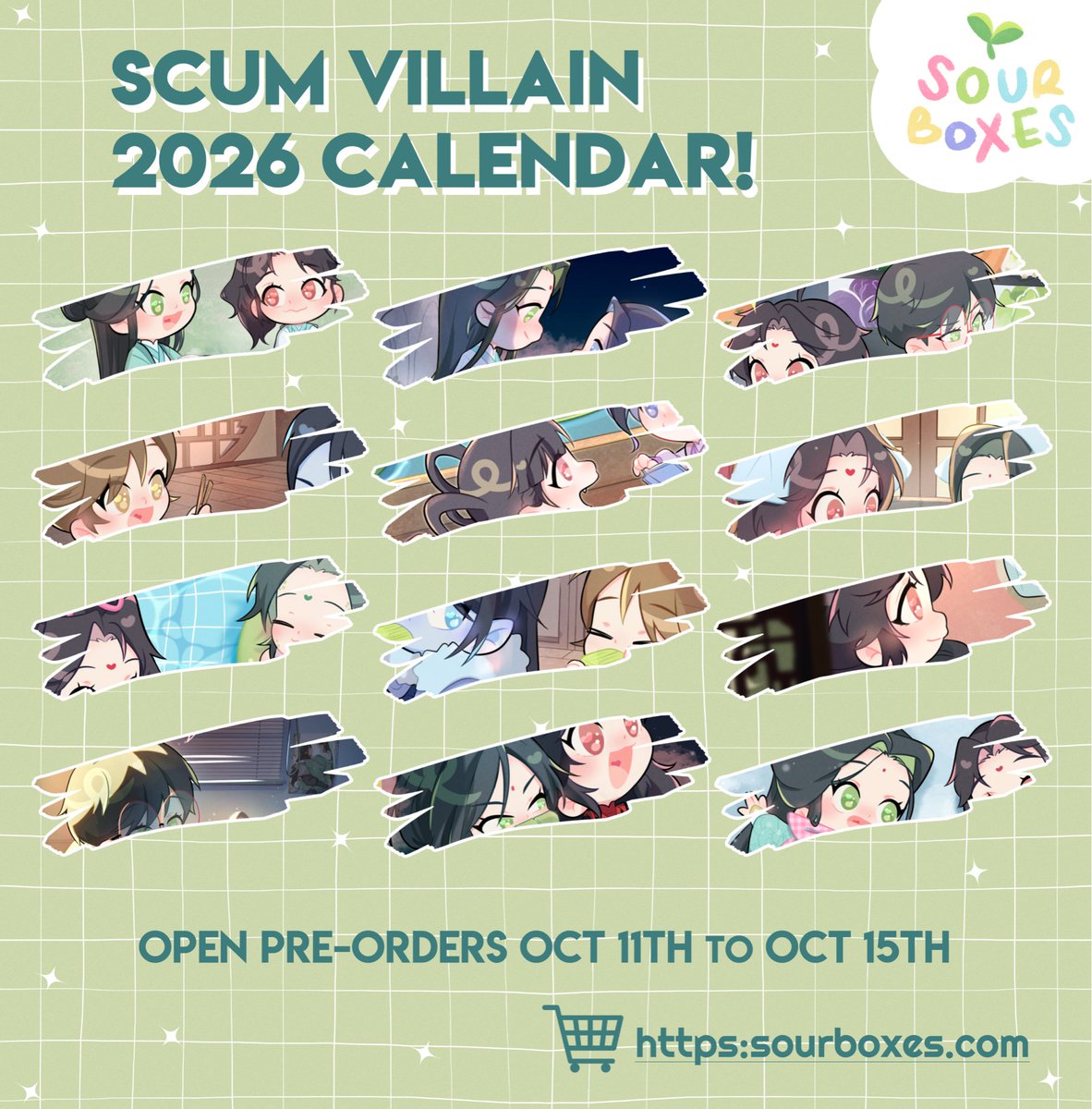 sourboxes's tweet image. ✨🌱My Scum Villain 2026 calendar is here 🌱✨
🗓️ Preorders will run from October 11th to October 15th
#scumvillain #svsss