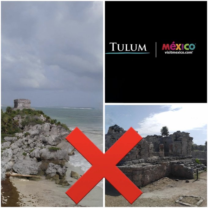 La imagen del collage muestra el cielo nublado sobre el océano y la costa rocosa con una antigua estructura de ruinas de piedra en el borde del acantilado con vistas a la playa y las olas en el contexto de Tulum, México con texto promocional, visitmexico.com de Tulum México en la sección negra superior derecha y marcas rojas X sobre el edificio de piedra en ruinas de la parte inferior derecha en la orilla arenosa bajo el cielo nublado.