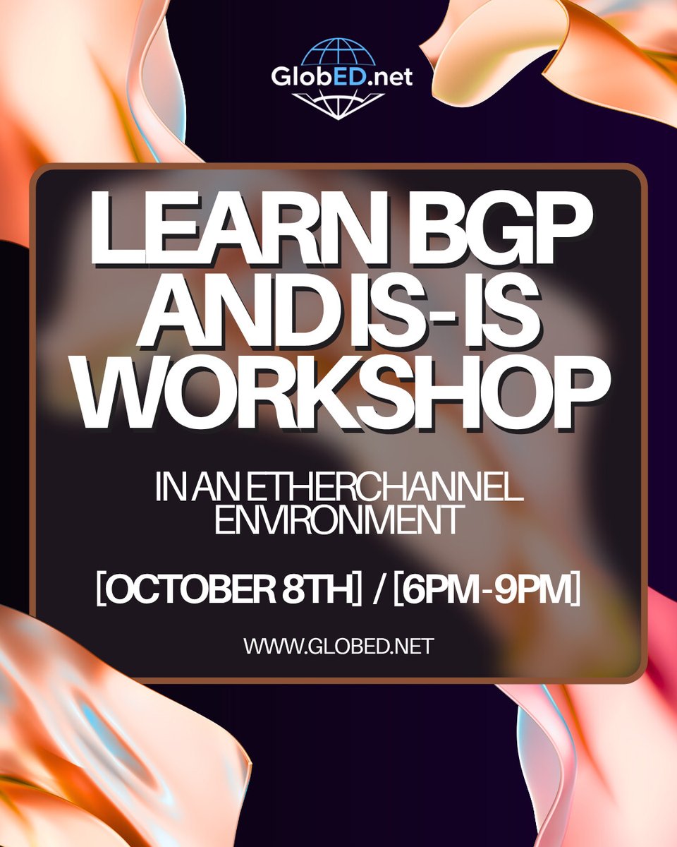 NetworkingDrs's tweet image. Don’t miss my BGP &amp;amp; IS-IS Workshop 🔧
🗓 October 8th | 6PM EST
Level up your routing game — live and hands-on! 💡
📍 Spots are limited – RSVP now! rpb.li/5A0xX