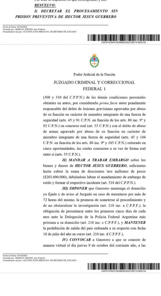 Procesaron al gendarme Héctor Jesús Guerrero por las lesiones gravisimas contra Pablo Grillo. 
Un paso fundamental en la causa, ahora falta Patricia Bullrich. 

¡Fuerza Pablo! ❤️💪🏽
#JusticiaPorPabloGrillo
<a href="/JusticiaXGrillo/">JusticiaPorPabloGrillo</a>