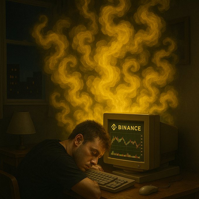 A dimly lit room at night with a window showing city lights outside. A young man with short hair sleeps at a wooden desk, head down on arms, wearing a black t-shirt. In front of him is an old beige CRT monitor labeled BINANCE in green, displaying green and red cryptocurrency price charts with candlestick patterns. A keyboard and mouse sit on the desk beside a lamp. Golden swirling ethereal forms resembling the word BINANCE in stylized font fill the background like mist or smoke emanating from the monitor.